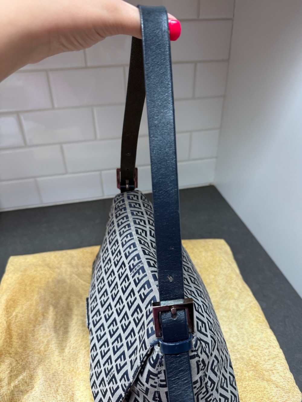 Fendi Zucca Mama Baguette Navy Blue Silver Hardware - Picture 6 of 12